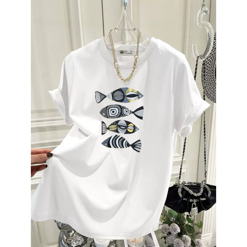 Dame T-Shirt med kreativt fiske motiv og afslappet pasform Stilla