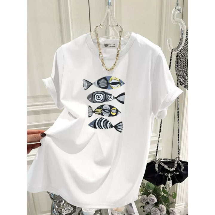 Dame T-Shirt med kreativt fiske motiv og afslappet pasform Stilla