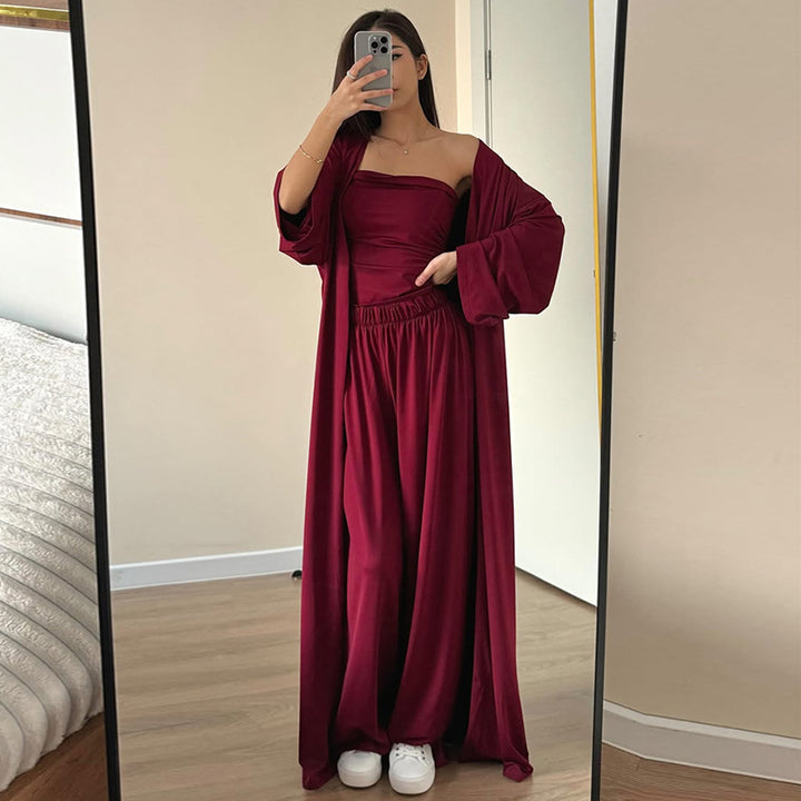 Dame elegant jumpsuit-sæt med lang cardigan og rynket overdel Stilla