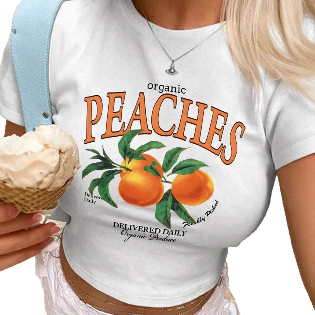 Dame T-shirt med frisk frugtmotiv og moderne skrift Skovae