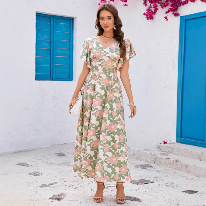 Dame Flydende Floral Maxi Kjole med Flæseærmer Stilla