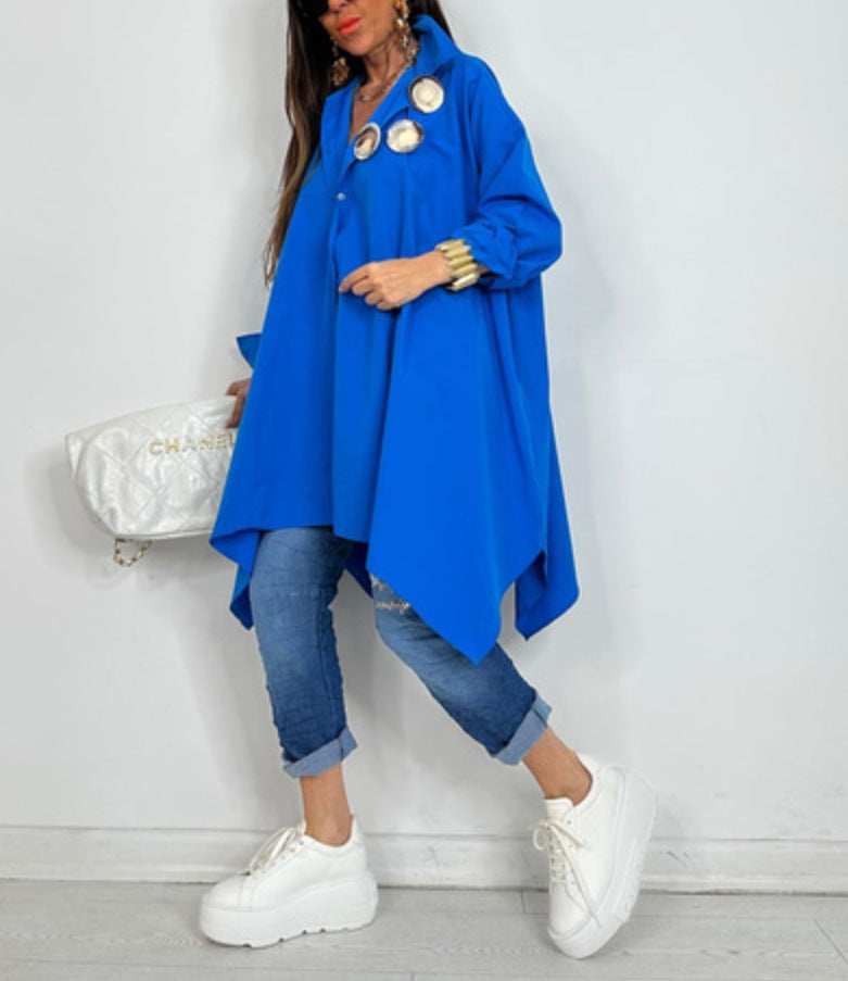 Dame over-sized skjortekjole med asymmetrisk snit og dekorative knapper Stilla