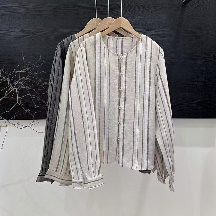 Femme Stribet Linned Knap-Down Bluse Stilla