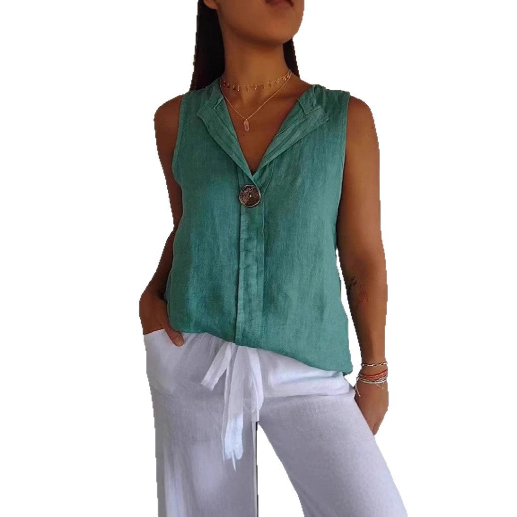 Damer linned blouse med ståkrave og knaplukning Stilla