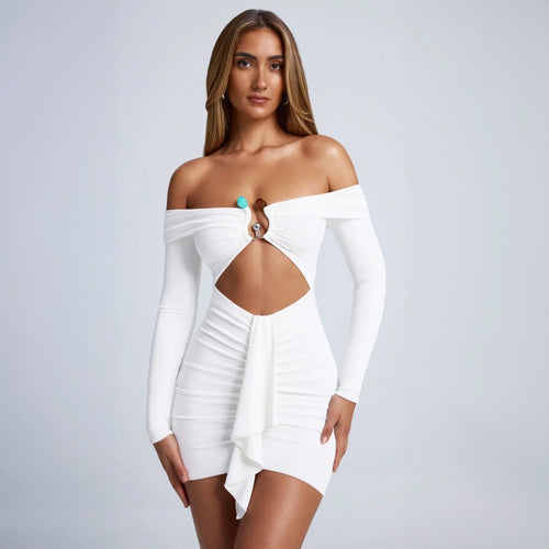 Dame Off-Shoulder Minikjole med raffineret draperingsdetalje og elegante rufflelementer Skovae