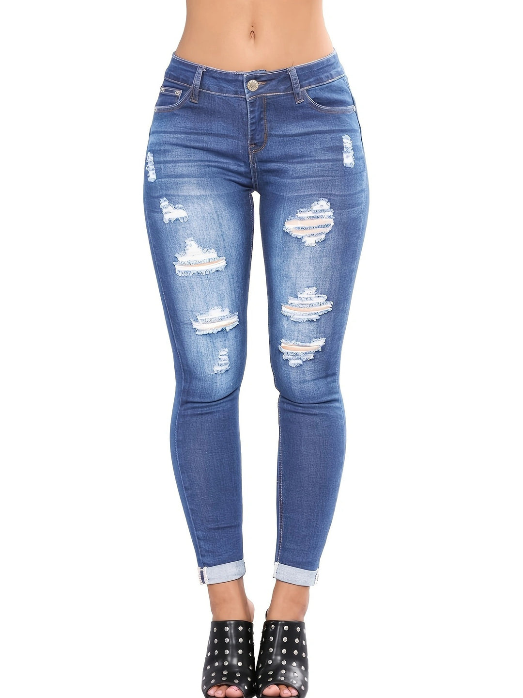 Damer højtaljede skinny jeans i moderne destroyed-look med frynset kant og figurformende design Stilla