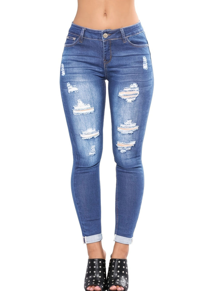 Damer højtaljede skinny jeans i moderne destroyed-look med frynset kant og figurformende design Stilla