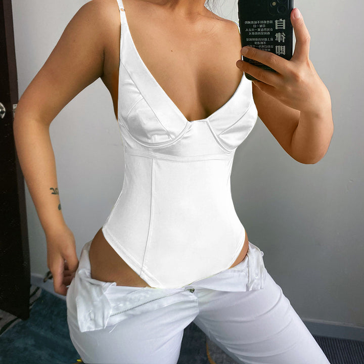 Dame Satin-Bustier-Top med dyb V-udskæring og elegant pasform Skovae