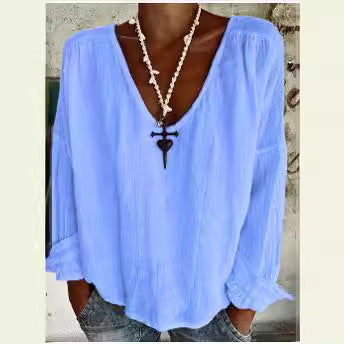 Kvinders lette V-hals bluse top med casual pasform og elastiske ærme manchetter Skovae