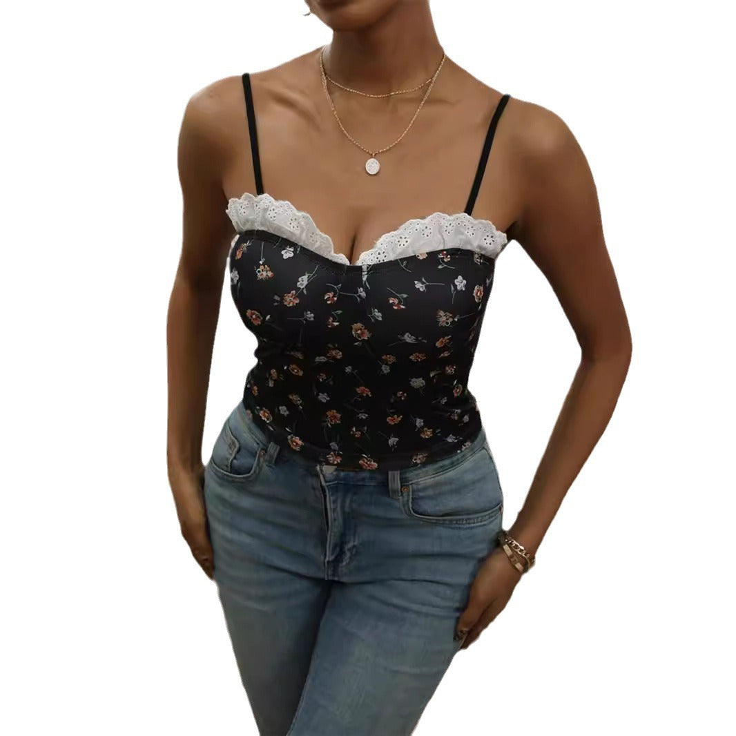 Dame blond cami-top med blomsterdesign Skovae