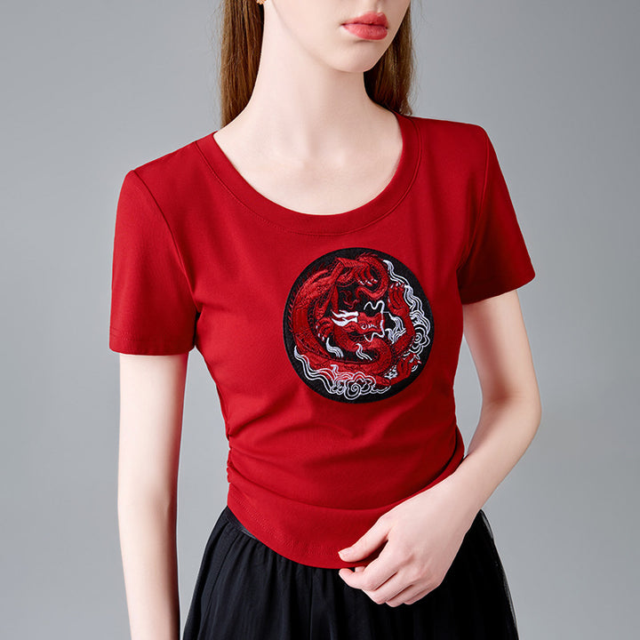 Dame T-Shirt med farverig dragebroderi Stilla