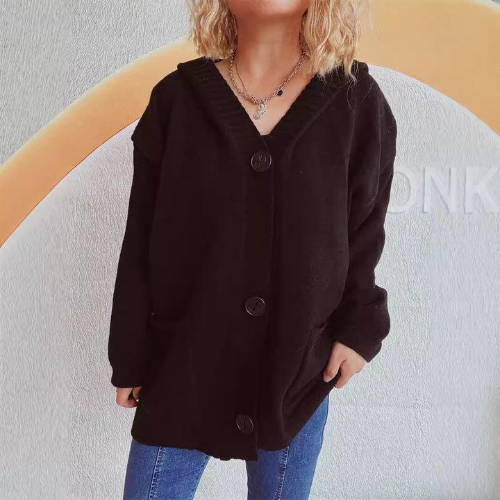 Damer hyggelig cardigan med hætte og klaplommer Stilla
