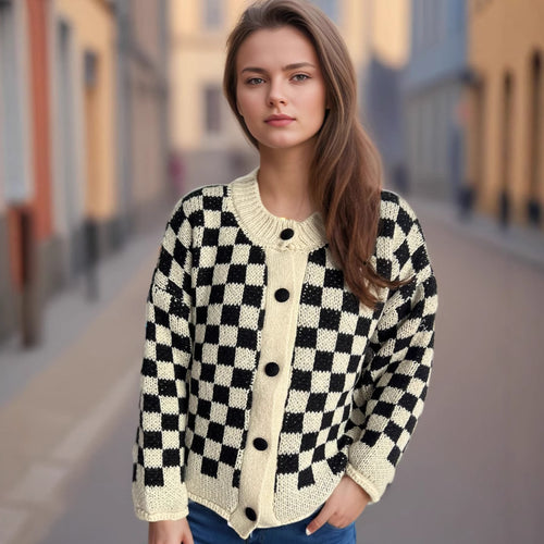 Kvinders mønstrede cardigan med store knapper og løs pasform Stilla