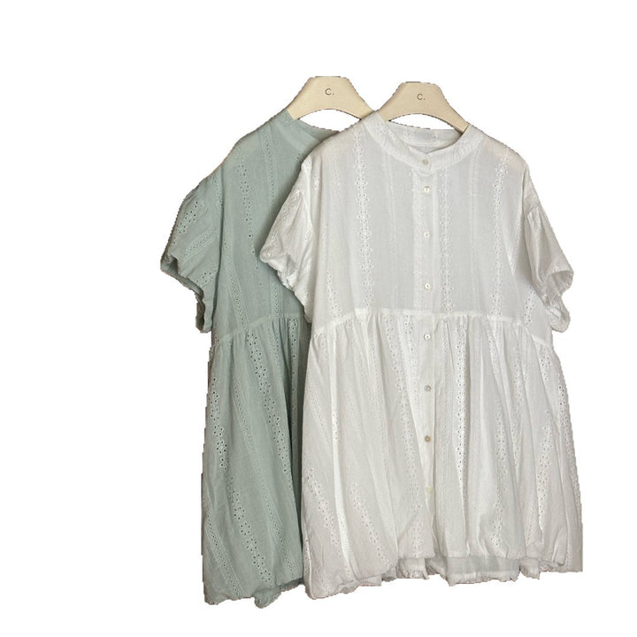 Femme Knap-Ned Hulebroderi Peplum Bluse Stilla