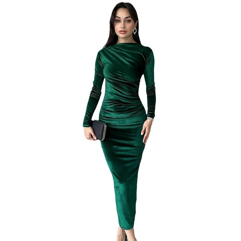 Dame Elegant Langærmet Rynkning Maxi Kjole Stilla