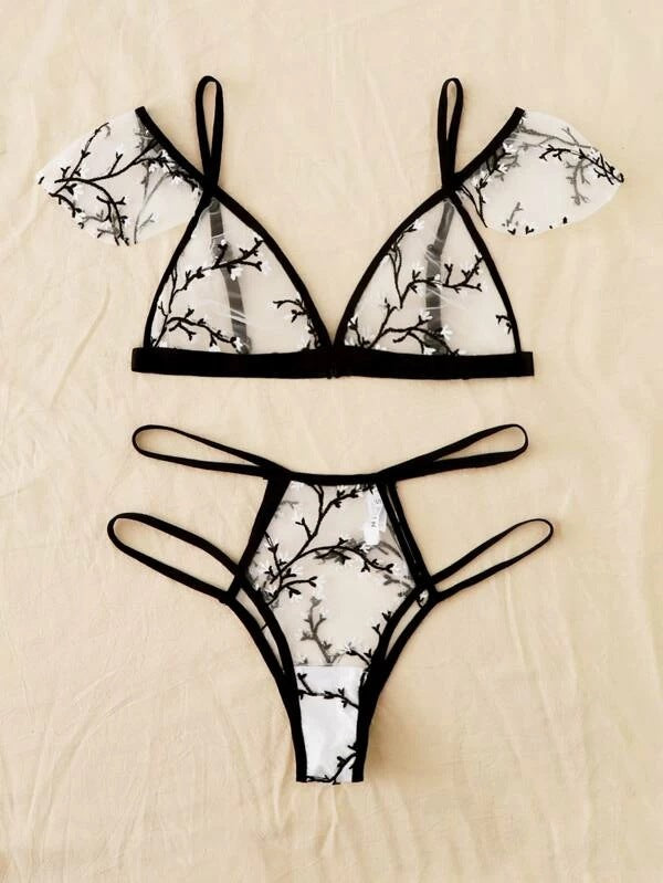 Damer Gennemsigtig Blomster Spids-Bralette og String Sæt Stilla