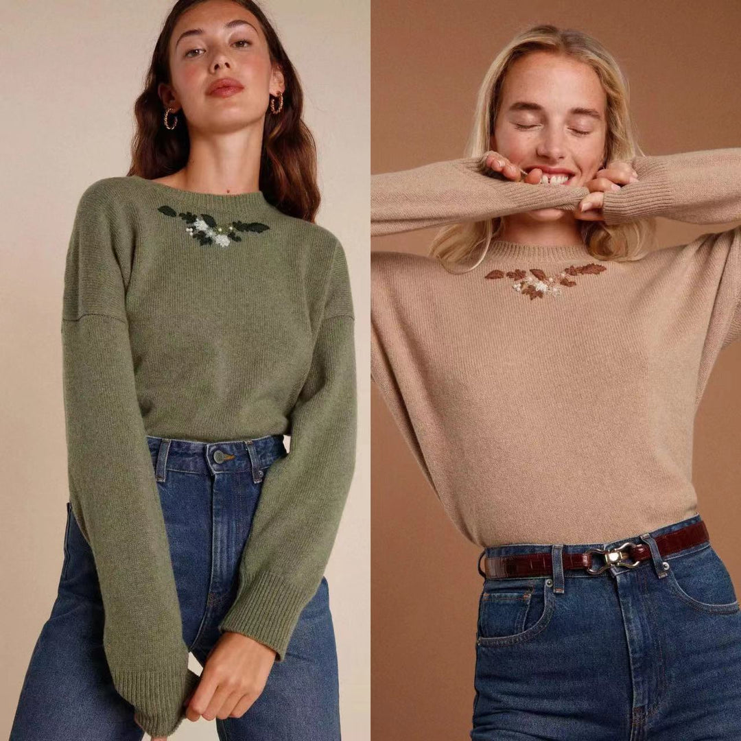 Dame strikpullover med blomsterbroderi og komfortabel pasform Stilla