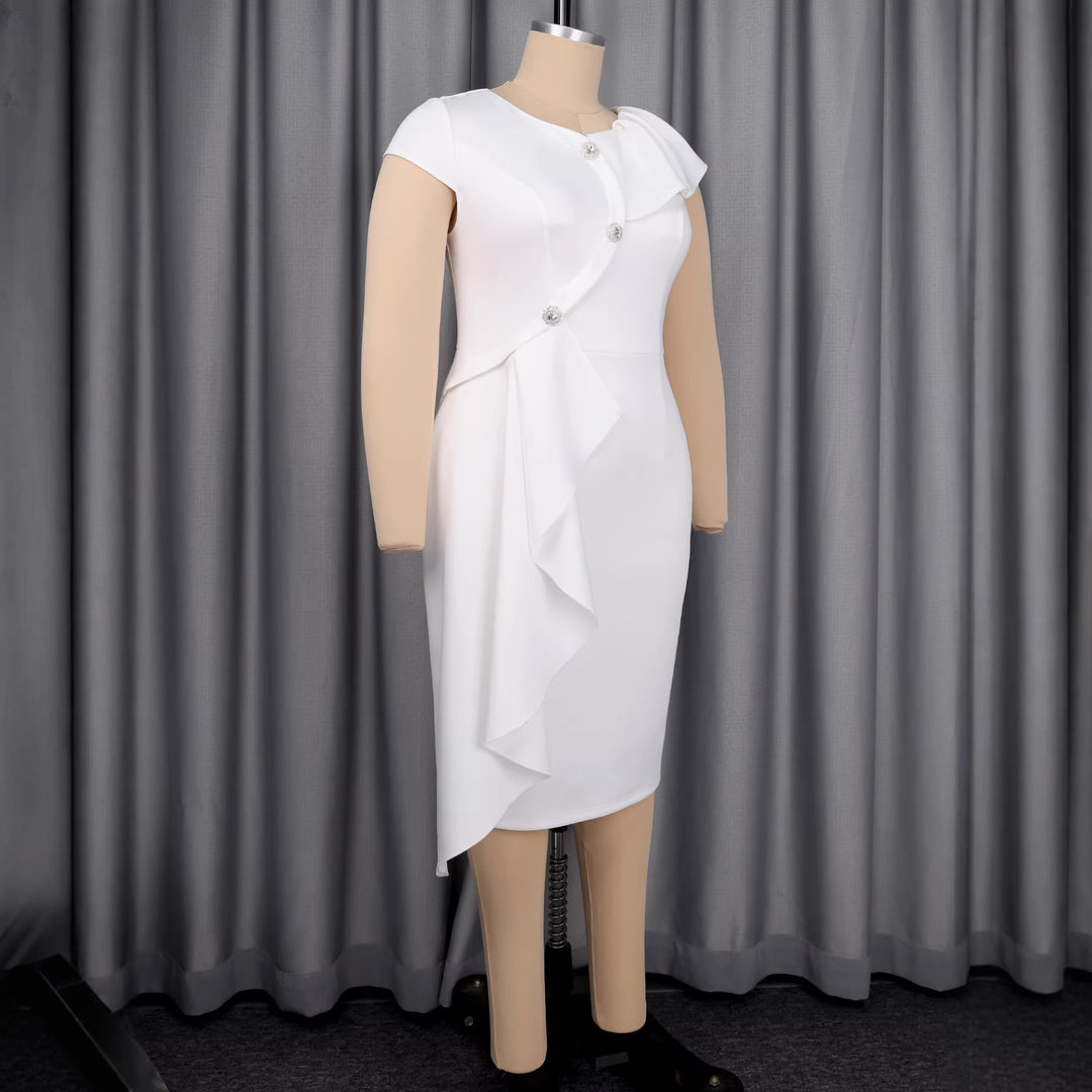 Dame elegant indpakningskjole med flæsekanter og glitrende knapdetaljer Skovae