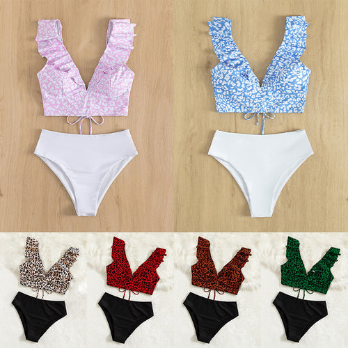 Dame triangel-bikini med flæsedetaljer og moderne leo-mønster Skovae