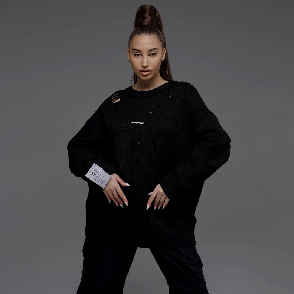 Kvinders chunky strik oversized sweater med slidte detaljer Stilla