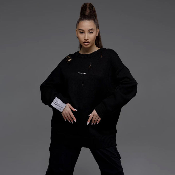 Kvinders chunky strik oversized sweater med slidte detaljer Stilla