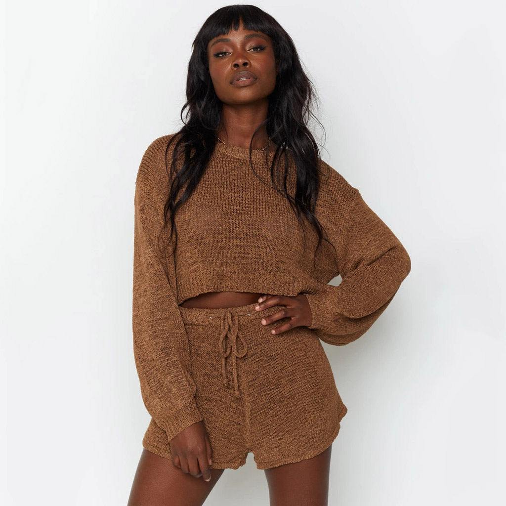 Kvinders afslappede shorts og sweater sæt med løs pasform og snor