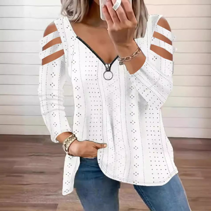 Dame V-hals bluse med cut-out ærmer og lynlås Stilla