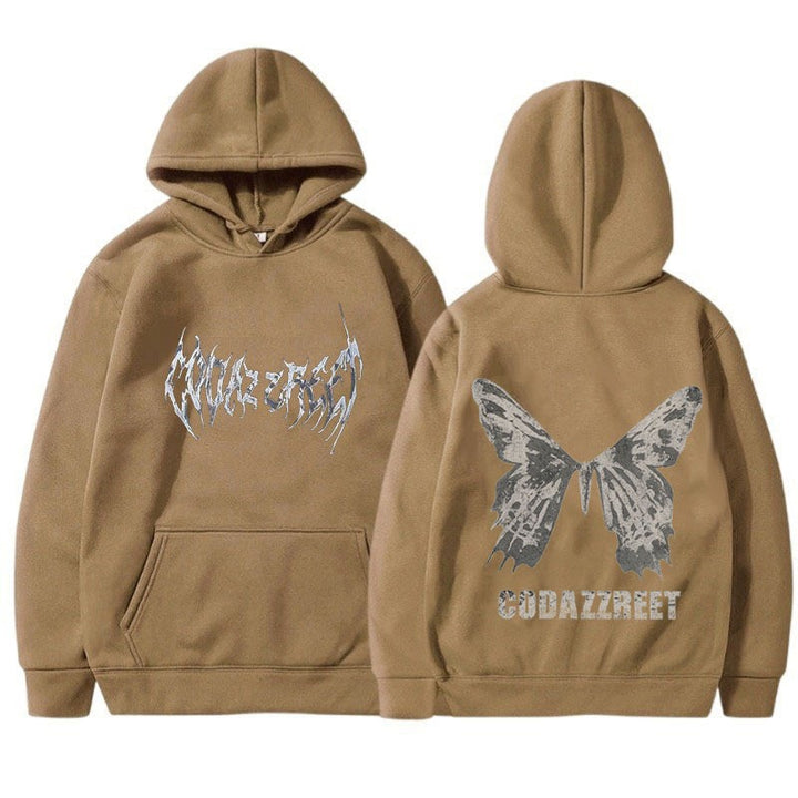 Kvinders hoodie med iøjnefaldende sommerfugl design og kunstnerisk skrift Skovae