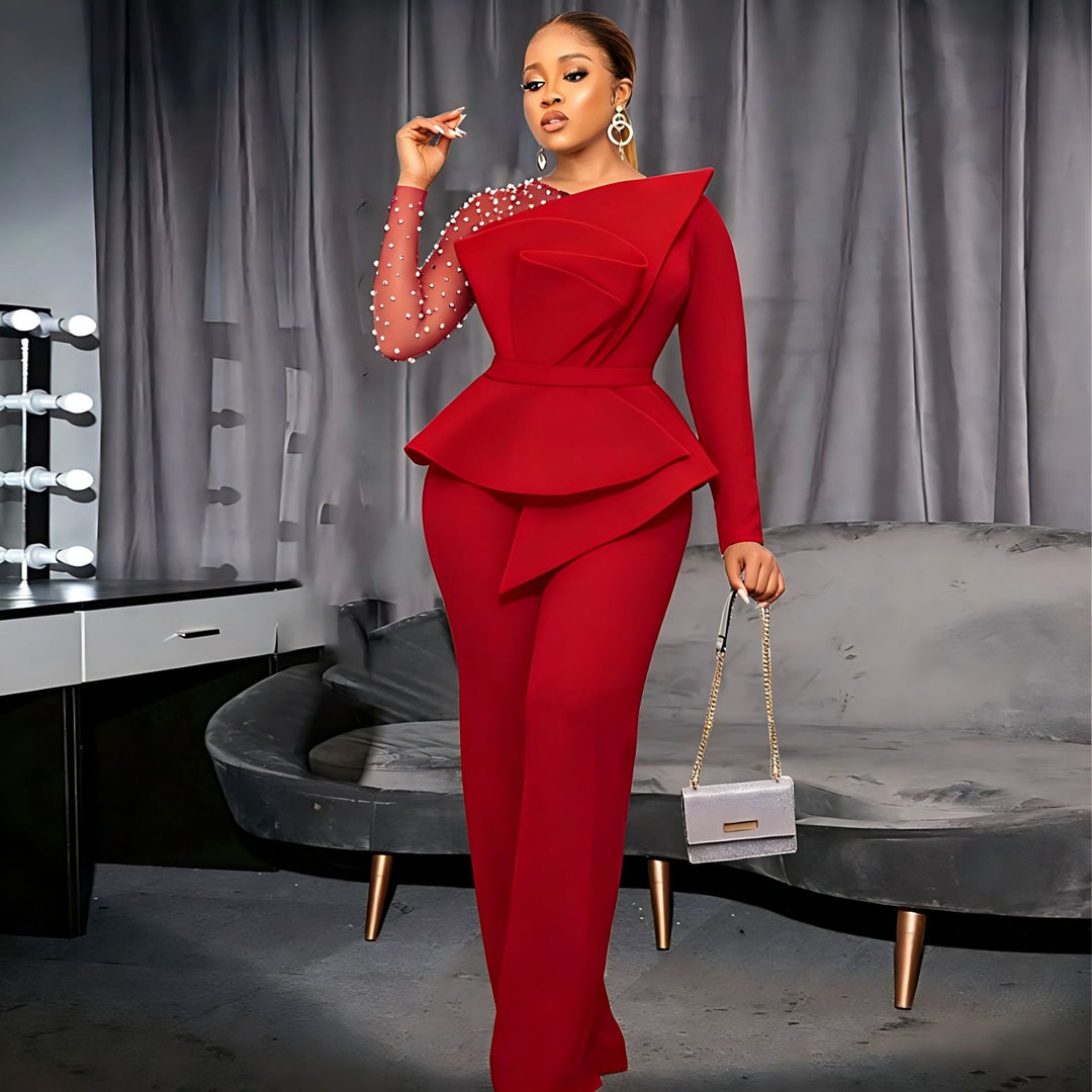 Dame elegant jumpsuit med asymmetrisk overdel og raffineret ruffles design Skovae