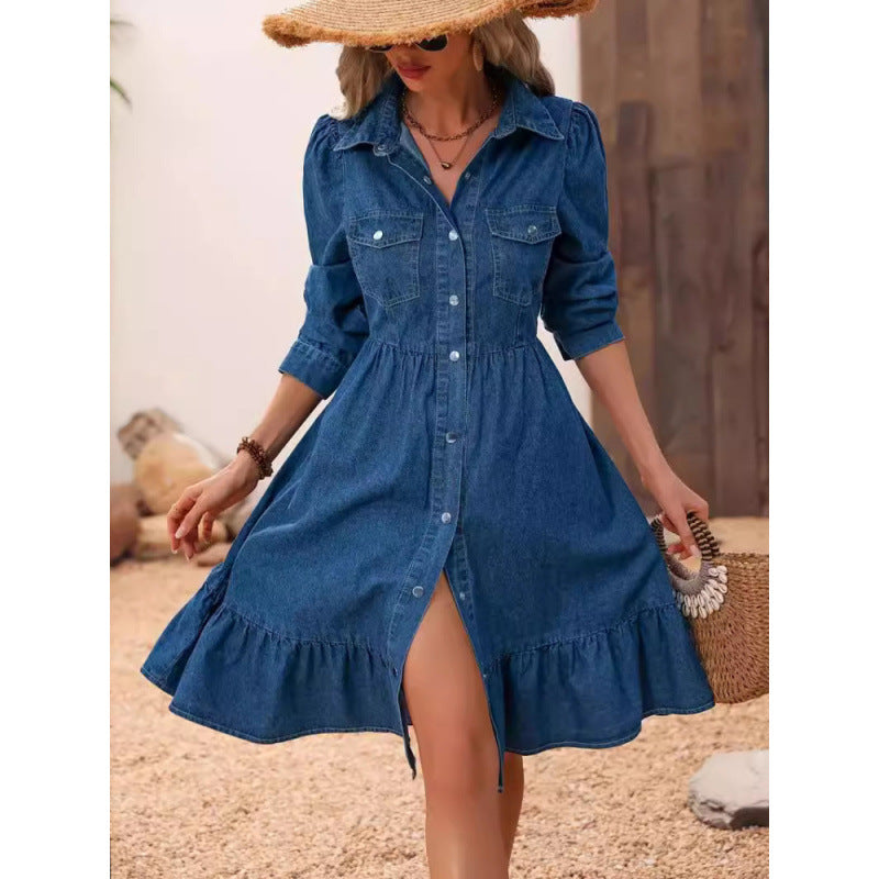 Femme Denim Button-Up Skjorte Kjole med Volangkant Stilla