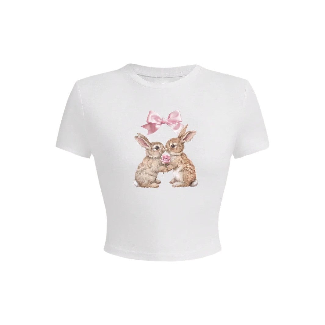 Dame Crop-Top med vidunderligt kaninmotiv og sløjfetryk Skovae
