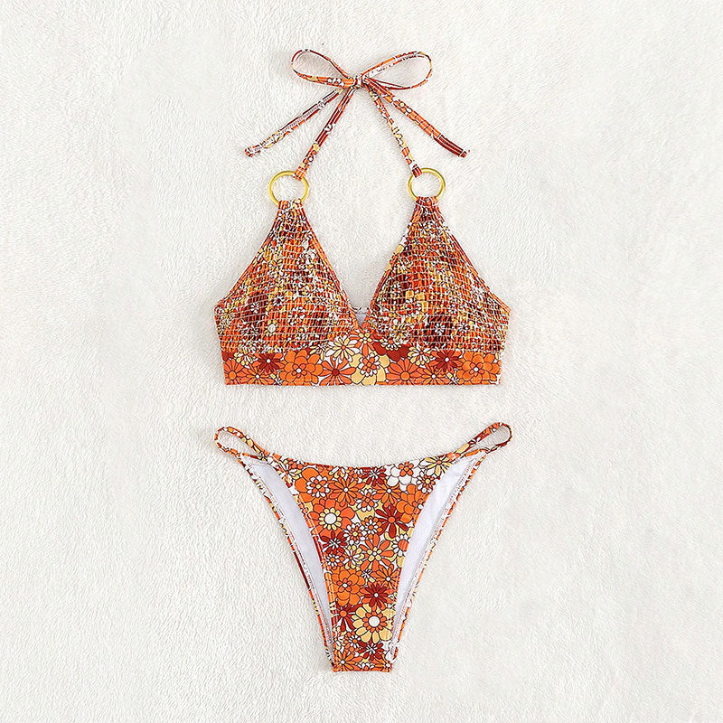 Dame Triangel-Bikini med blomsterdesign og gyldne ringdetaljer Skovae