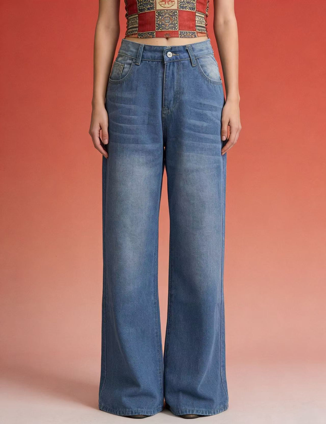 Dame bredde Denim-bukser med vintage-vask og høj talje Skovae