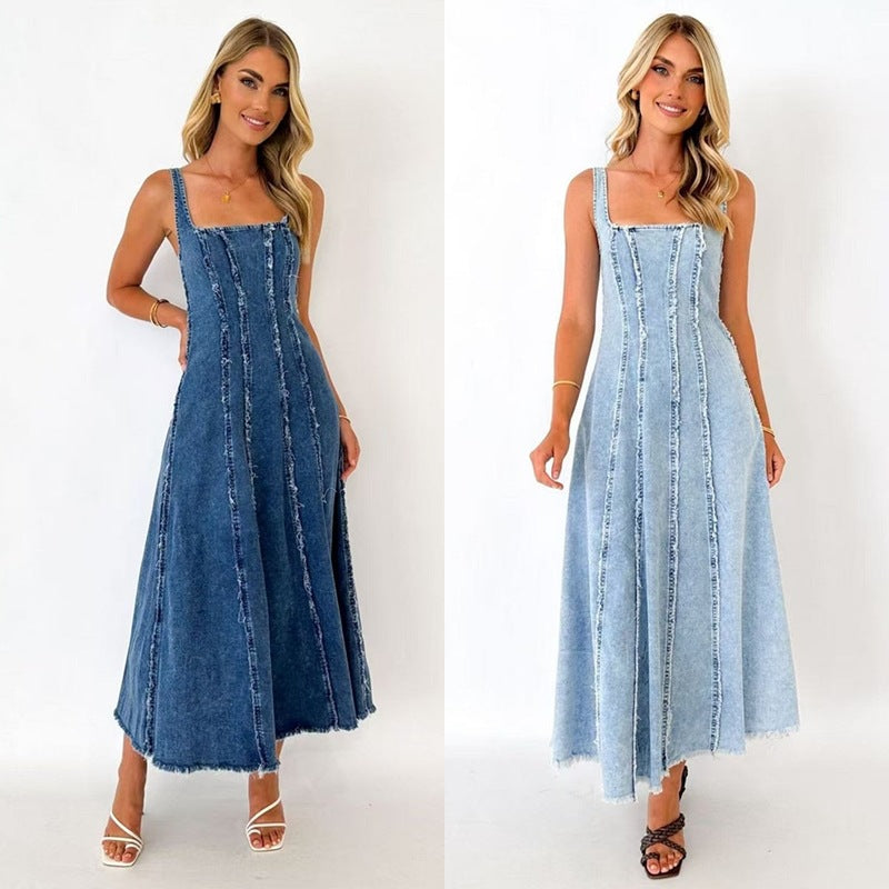 Dame Maxikjole i denim med moderne cut-out-detaljer og spidse stropper Stilla