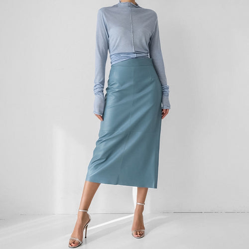 Dame Elegant Midi-skirt lavet af høj kvalitet kunstlæder med smal pasform og sømløst design Stilla