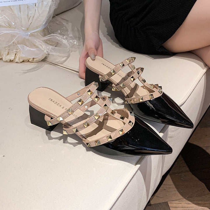 Dame Chunky Heel Slide Mules med dekorative nitter Stilla
