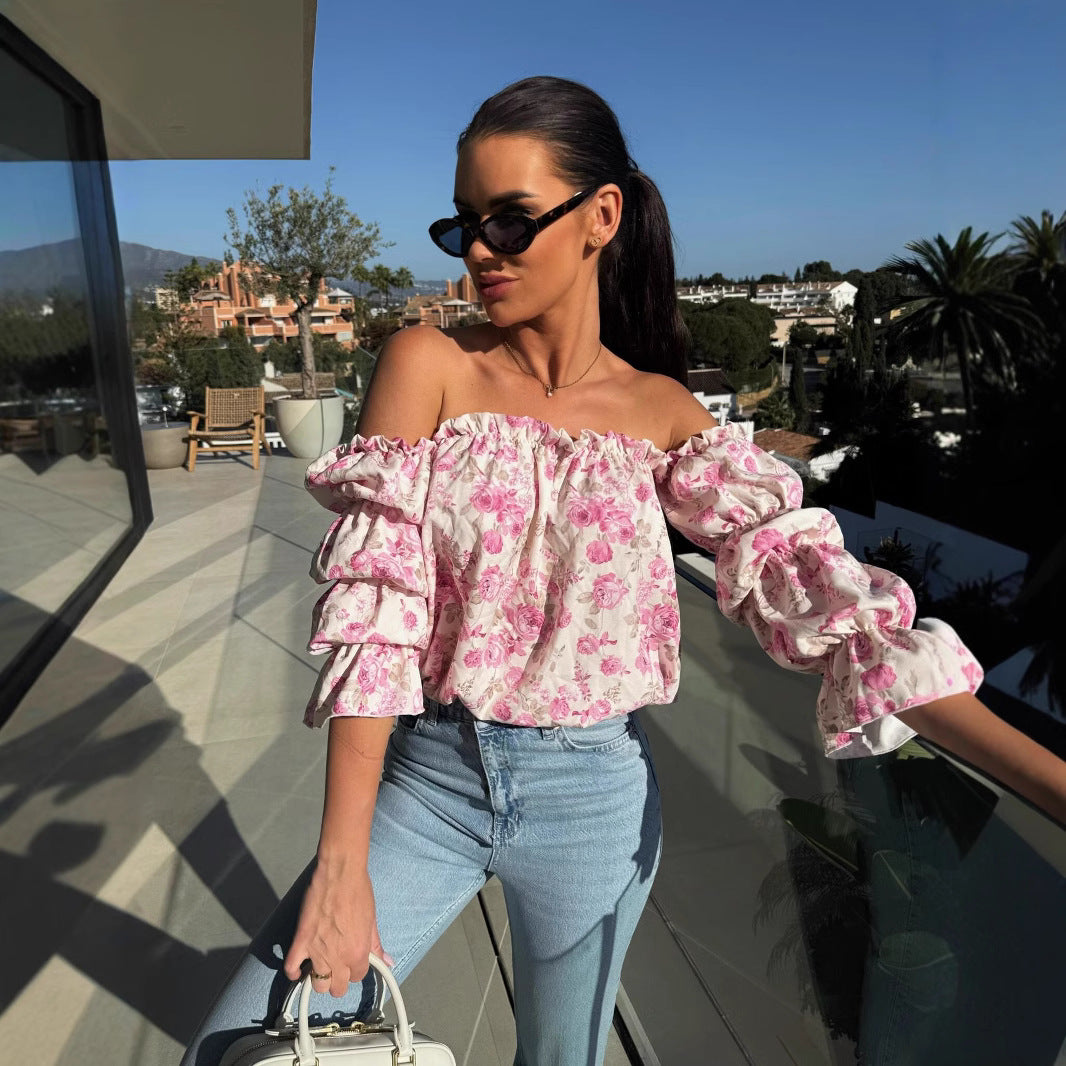 Dame Off-Shoulder Bluse med voluminøse ærmer og blomstret mønster Stilla