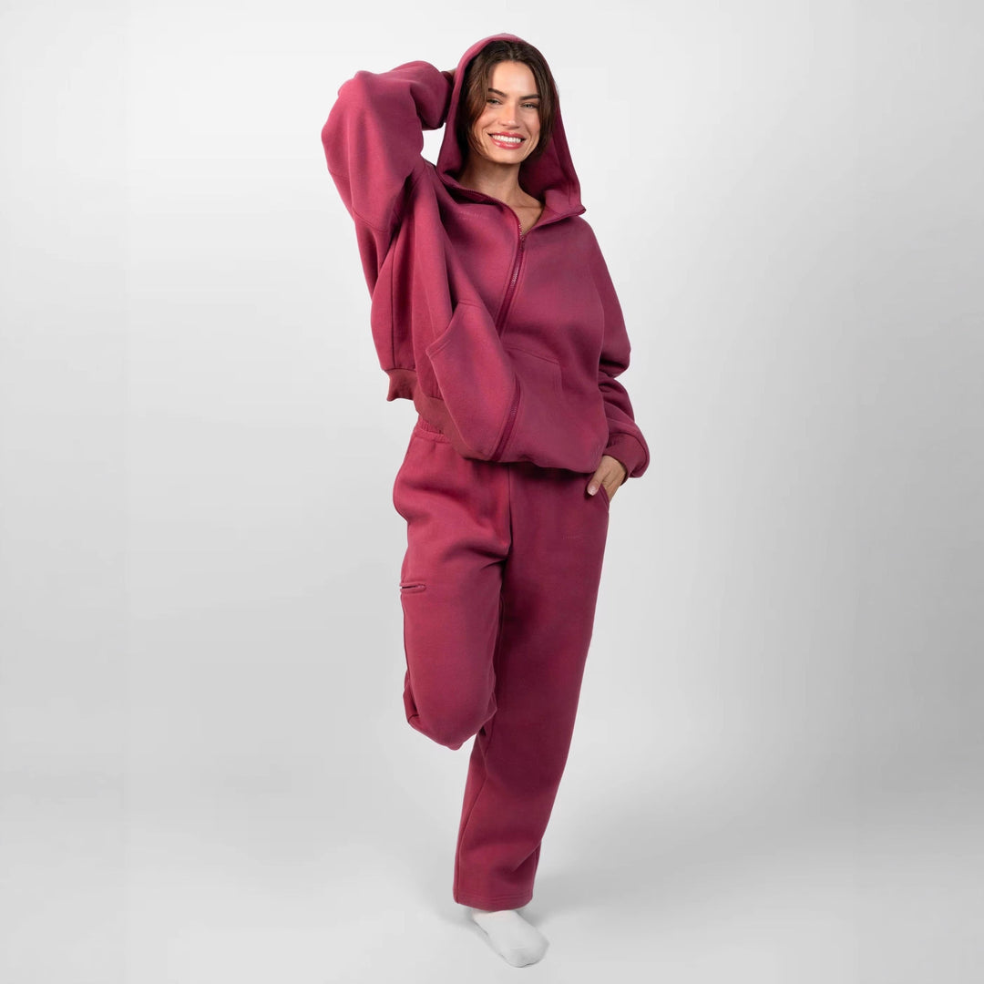 Kvindernes afslappede fleece hoodie og jogger sæt med lynlås og praktiske lommer
