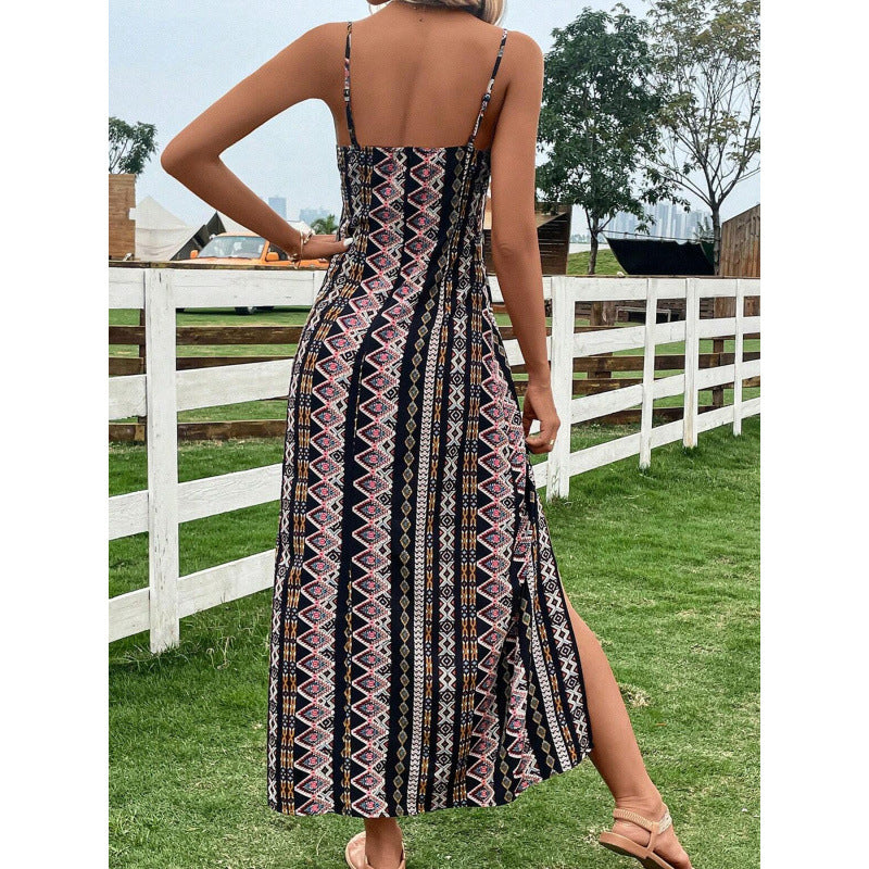 Femme Tribal Print Maxi Kjole med justerbare stropper Stilla