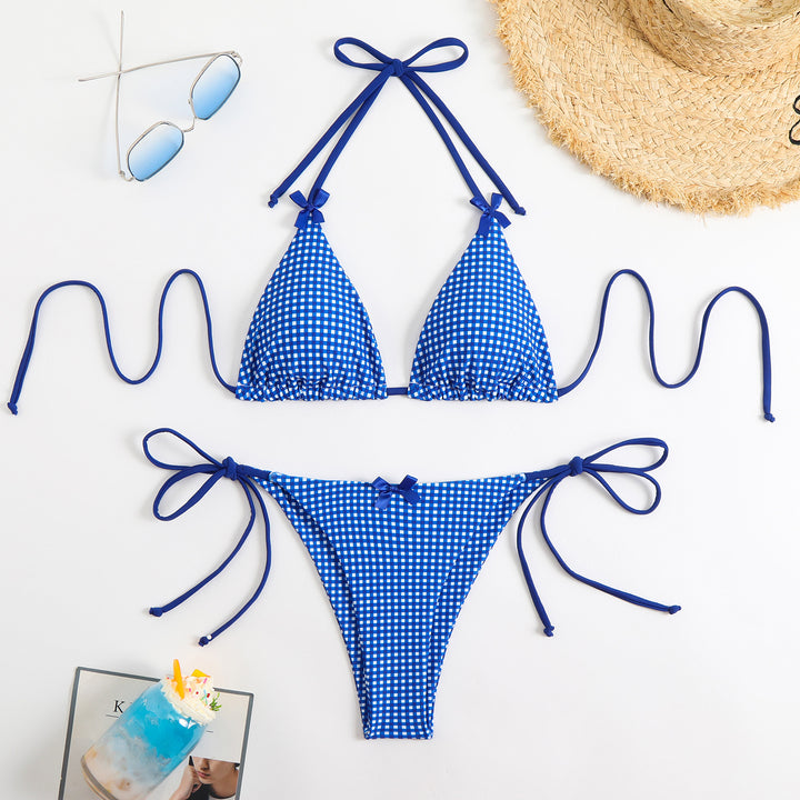 Dame triangel-bikini med legende ternet mønster og bindbare stropper Skovae