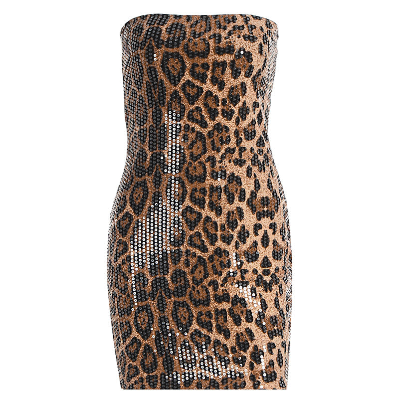 Dame Glitrende Minikjole med Leopardmønster og Spaghetti-stropper Skovae