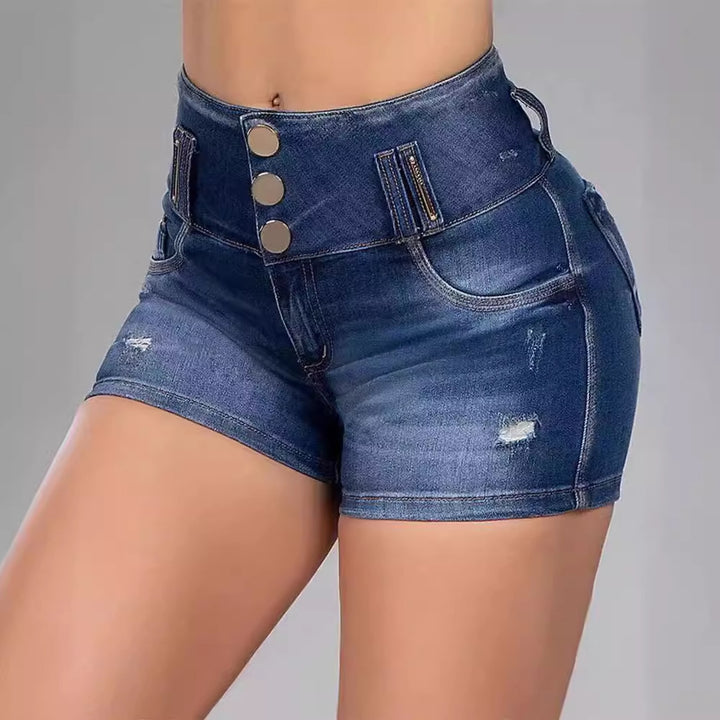 Damer Højtaljede Denim-Shorts med knapdetaljer og trendy snit Stilla