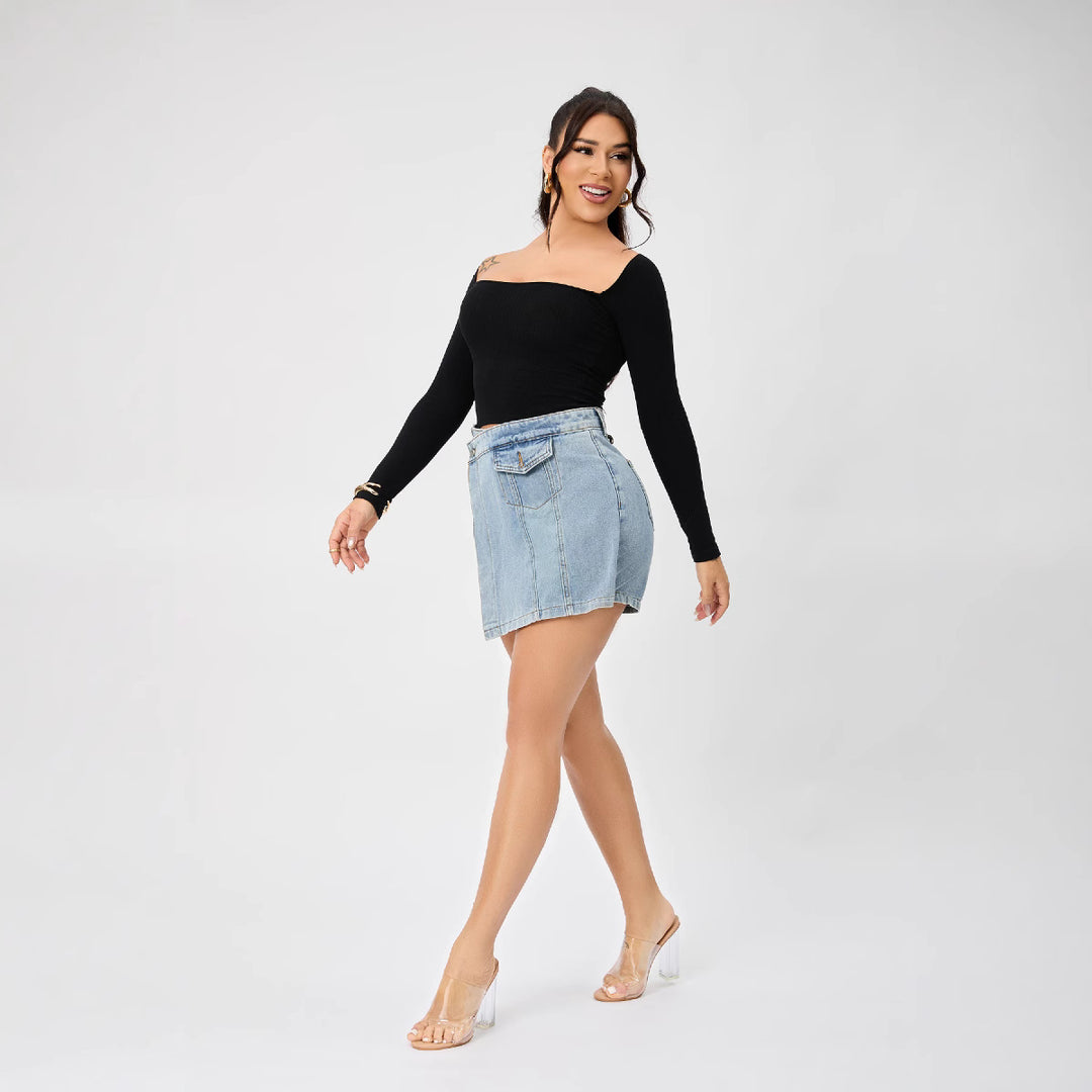Dame Off-Shoulder Top med figursyet snit og jeansnederdel Stilla