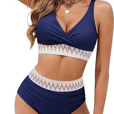 Dame Højskåret Bikini med elegant Wrap-top og farverigt bånd Stilla