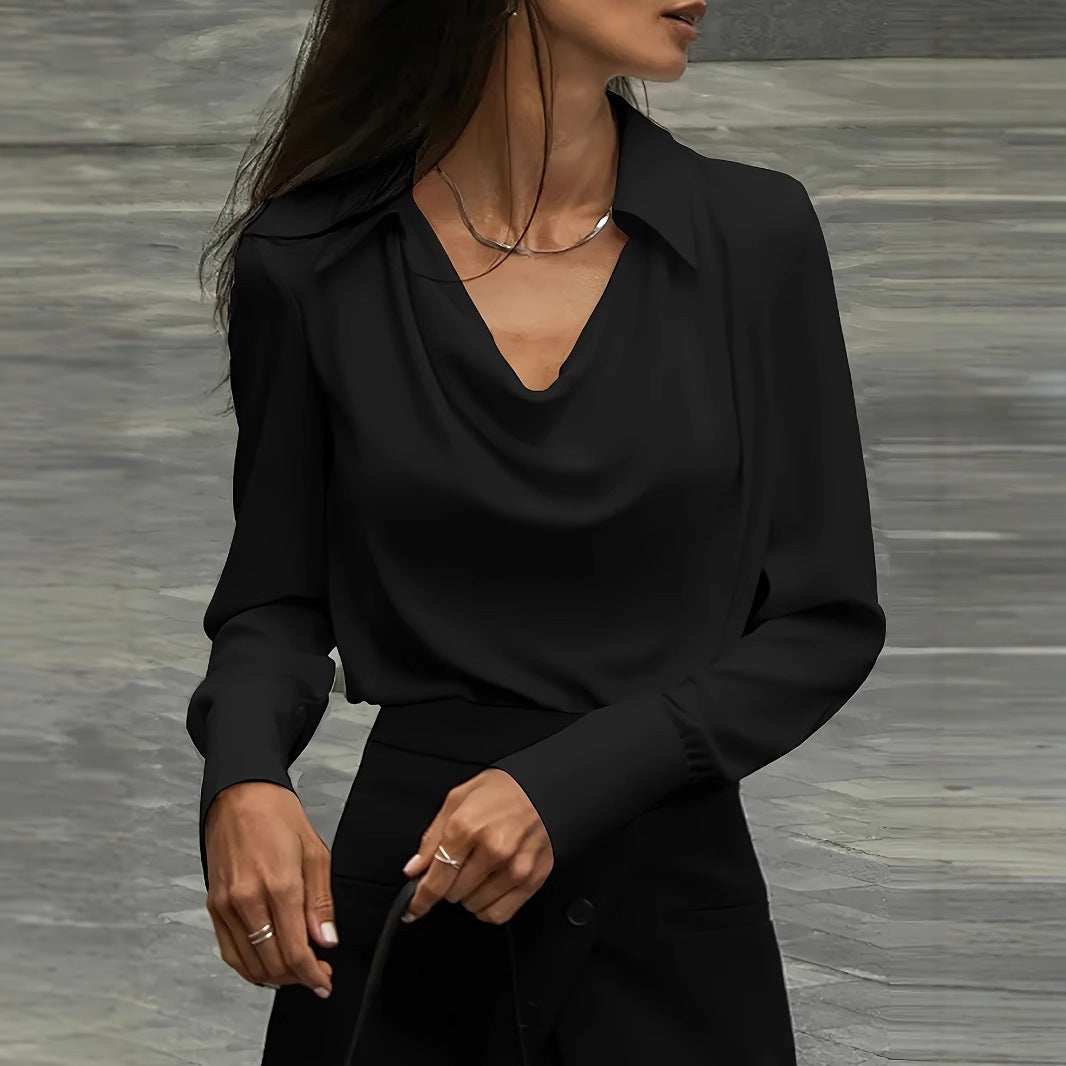 Dame elegant bluse med dyb vandfaldudskæring og lange ærmer Stilla