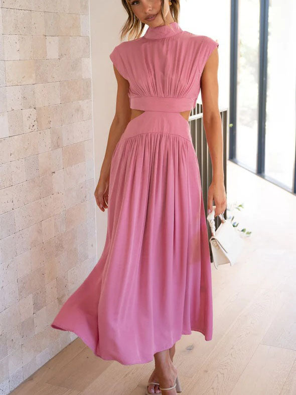 Stilla | Elegant O Hals Ærmeløs Udsnit Solid Maxi Kjole