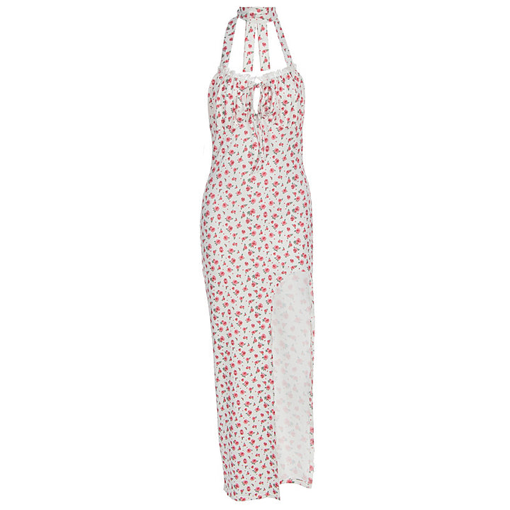 Dame maxikjole med blomsterprint, halterneck og asymmetrisk kant Skovae