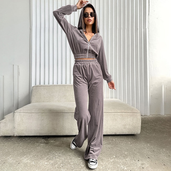 Dame Sporty Velour Sæt med Hætte og Bred Ben Stilla