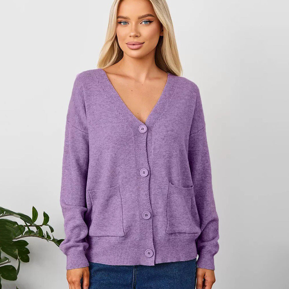 Dame Oversized V-Udskæring Knap-Cardigan med Lommer Stilla