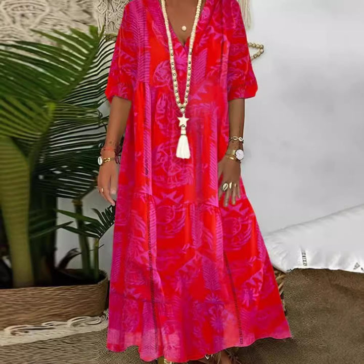 Dame elegant maxikjole med florale motiver og V-udskæring Stilla